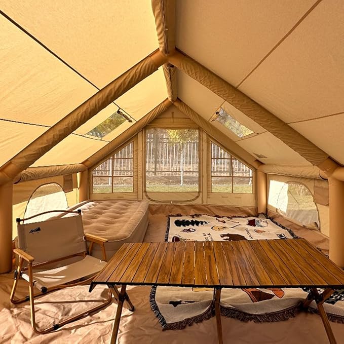 Large Luxury Inflatable Camping Tent Cotton Canvas Tent, Breathable and Waterproof Air Tent with Skylight and Stove Jack Hole for for 4-6-8-10 Person Family Camping