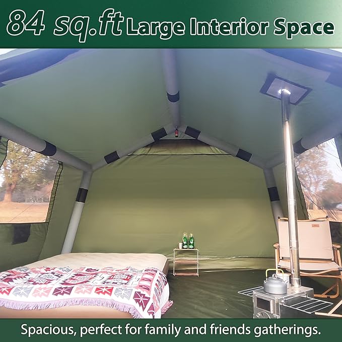 Inflatable Camping Tent with Hand Pump Waterproof Outdoor Blow up Tent 2-8 Person Oxford 4 Season Glamping Air Tent Cabin House with Mesh Windows & Door