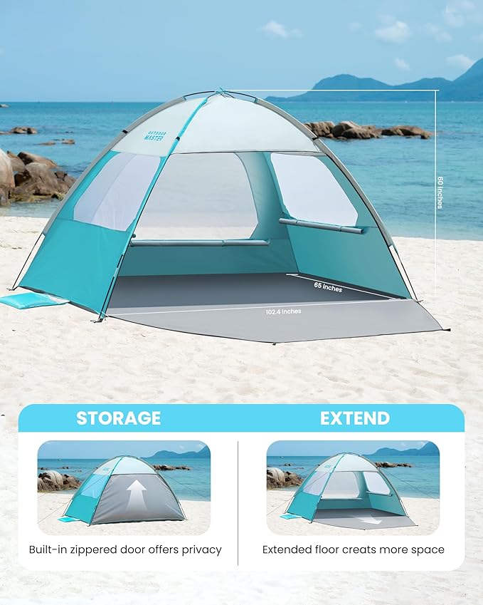 OutdoorMaster Beach Tent for 3/4/6/8 Person - Easy Setup Sun Shade Shelter, Portable Beach Shade Sun Canopy with UPF 50+ UV Protection, Removable Skylight Family Size