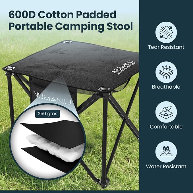NUMANU Oversized Padded Camping Stool for Adults, Thick Padded 18.5" Heavy Duty Outdoor Camp Chairs with Anti-Slip Feet & Carry Bag, Folding Ottoman Foot Rest for Travel, Max 500lbs