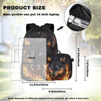 Flame Wolf Backpack with Lunch Box Leakproof 17 Inch Polyester Book Bag for Teens Cool School Bag with Detachable Lunch Bag for Outdoor Camping