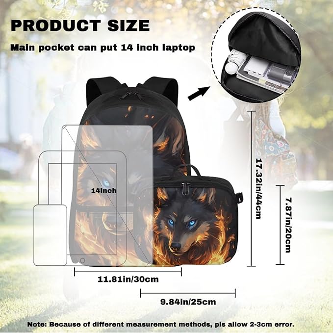 Flame Wolf Backpack with Lunch Box Leakproof 17 Inch Polyester Book Bag for Teens Cool School Bag with Detachable Lunch Bag for Outdoor Camping