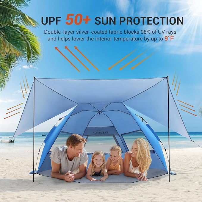 Elegear Beach Tent with Canopy, 1-Second Setup Pop Up Sun Shelter Shade, UPF 50+ UV Protection Silver-Coated Lightweight Portable Beach Cabana