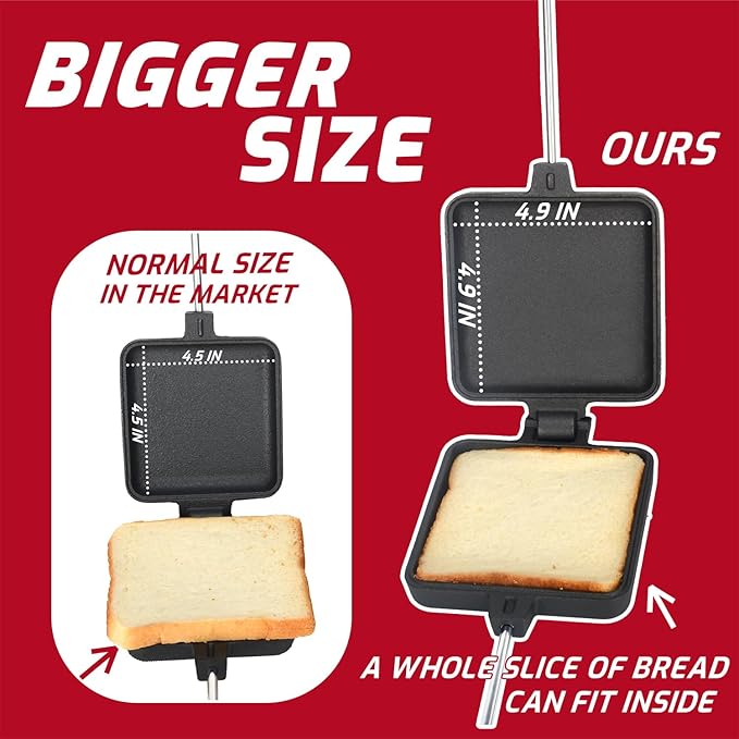 Campfire Pie Iron 4.9" Large Cast Iron Sandwich Maker for Camping 2 Pcs with Storage Bag - 22.6 inch Thickened Handles - Campfire Cooking Equipment for Grilling & Outdoor Cooking