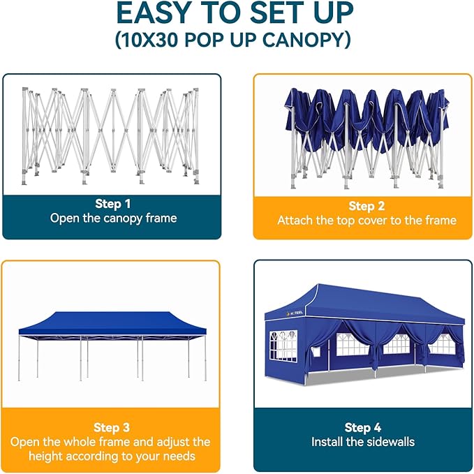 Hoteel 10x30 Pop Up Canopy Tent Heavy Duty with 8 Sidewalls, Waterproof Party Tent, Easy Set-up Commercial Instant Tents with Hand Bag, Rope & Nail, Hexagonal Leg (1-Year Warranty)