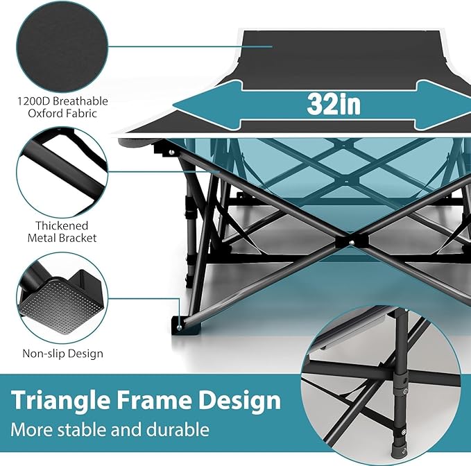 Folding Camping Cot for Adults - Heavy Duty Sleeping Cots with Carry Bag, Double Layer Oxford Portable Travel Camp Cots for Outdoor Camp Beach Home Office (Black Frame with Black Pad, 1PACK)