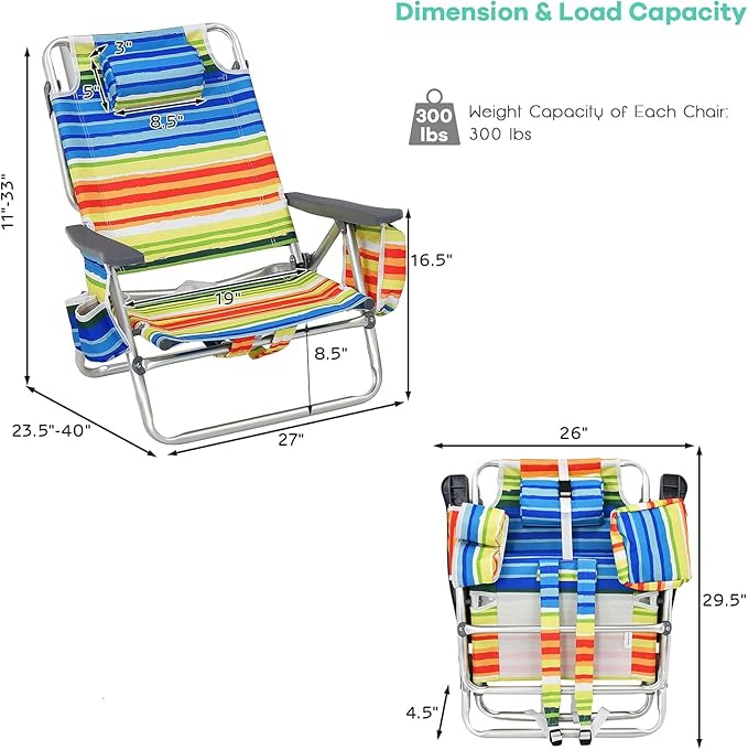 Goplus Beach Chair, Folding Backpack Beach Chairs for Adults with 5 Positions, Head Pillow, Cooler Bag, Towel Bar, Cup Holders, Sunbath Sling Tanning Lounge, Foldable Layout Camping Chairs