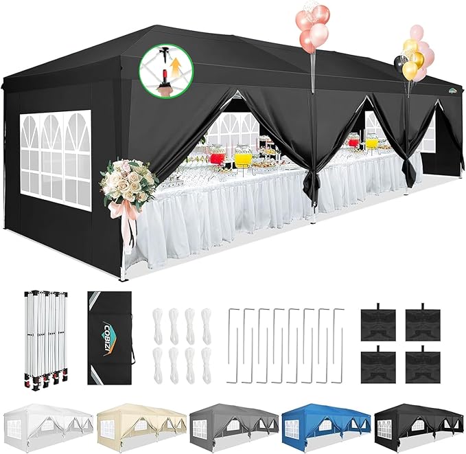 COBIZI 10x30 Canopy Party Tent with 8 Walls 10x30 Pop Up Canopy for Parties Waterproof UPF 50+ Outdoor Commercial Event Tent for Party Backyard Gazebo Canopy with Sidewalls & Sandbags(Black,10x30ft