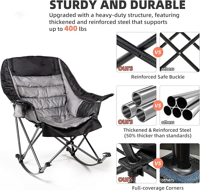 2 PCS Oversized Rocking Camping Chair for Adults - 400lbs Capacity Padded Camp Chair, Portable Foldable Outdoor Rocker Chair for Camping, Backyard, Patio (Black & Gray)