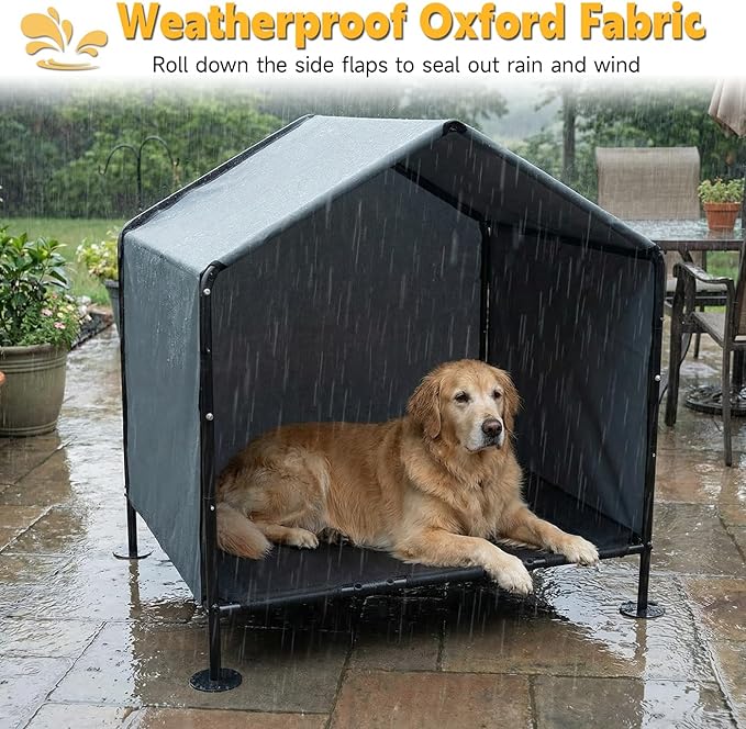 Outdoor Dog House for Large Dogs, Raised Dog Bed with Removable Waterproof Shade Cover, Portable Pet Shelter for Camping, Patio & Yard