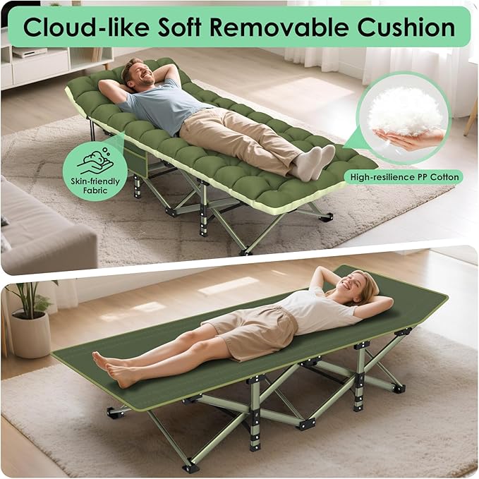 Suteck Camping Cot, Folding Camping Cot Bed for Adults Sleeping 1200D Double Layer Oxford Portable Folding Outdoor Cots for Camping W/Soft Pad Carry Bag for Home Office Nap Beach Travel, 500LBS