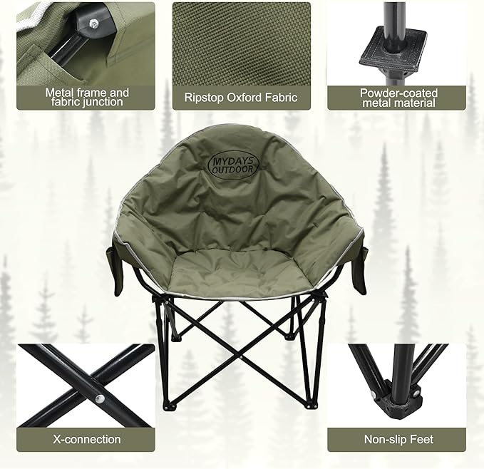 Oversized Camping Chair, Portable Folding Moon Chair with Side Pocket, Heavy Duty Outdoor Chair for Camping, Beach, Backyard, Support 400lbs(Green)