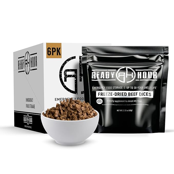 Ready Hour Freeze-Dried Beef Dices | 22g Protein Per Serving | Bulk Emergency Protein Case Pack | Shelf Stable Meat | 30 Year Shelf Life | Survival Food for Self Reliance and Preparedness
