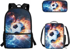 3 Set Cool Football School Bags with Lunch Box and Large Capacity Pencil Holder Set, Book Bag for Kindergarten Elementary Boys Camping Activities Outdoor
