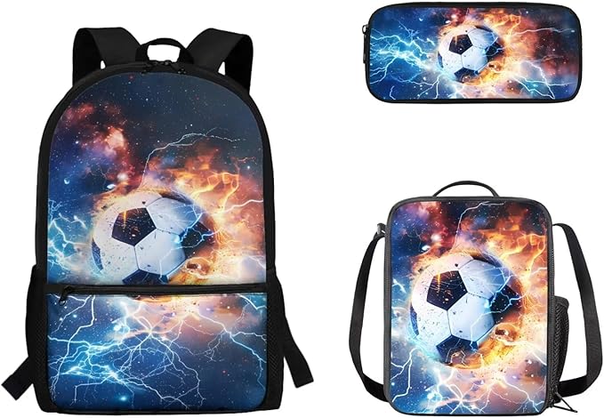 3 Set Cool Football School Bags with Lunch Box and Large Capacity Pencil Holder Set, Book Bag for Kindergarten Elementary Boys Camping Activities Outdoor