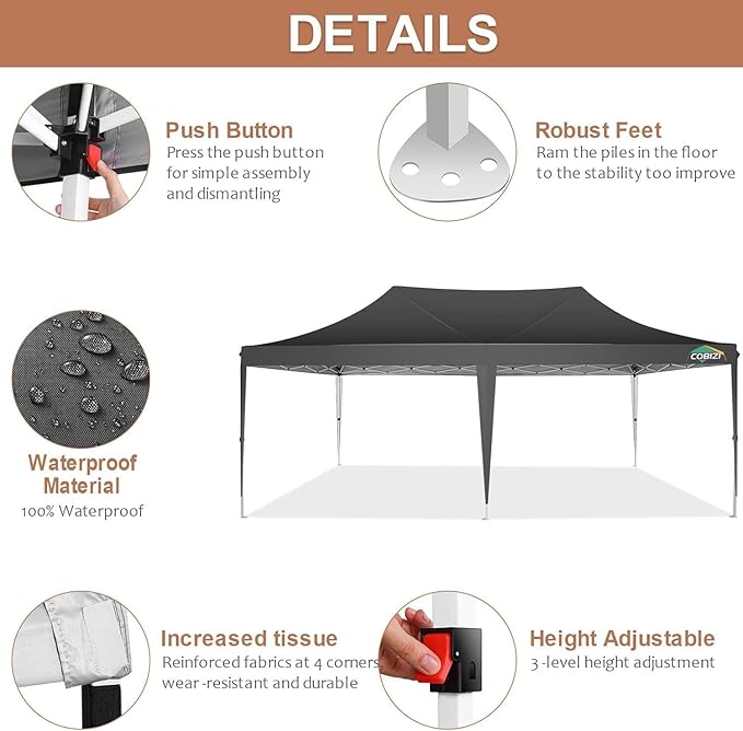 COBIZI 10x20 Pop Up Canopy Tent with Sidewalls, Outdoor Party Tent, Waterproof & UV50+, 3 Adjustable Heights, Higher Frame Design for Parties Backyard, Weddings, Markets, Black