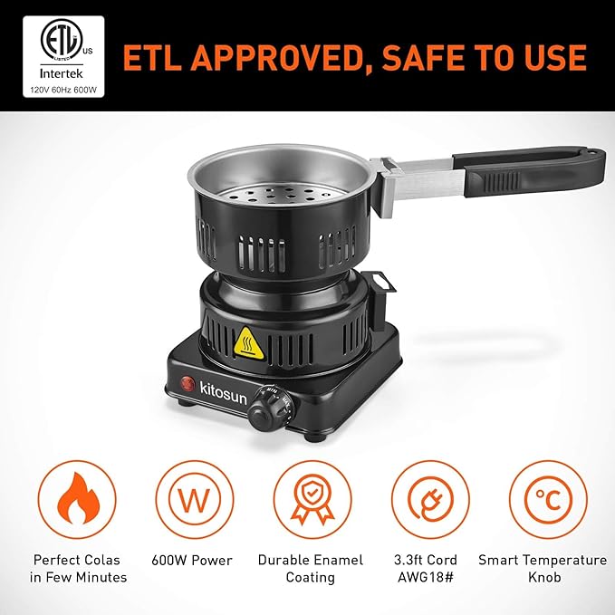 Electric Charcoal Burner Starter Stove - ETL Approved 600W Coal Burner Coconut Coals Heater Warmer with Stainless Detachable Handle Tongs | Burner for Charcoal Fast Heating Long Cable BBQ Kitchen