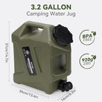 Zormy 3.2 Gallon Portable Water Storage Container with Spigot, BPA Free Large Emergency Water Storage for Vehicle, Car, Outdoor Hiking, Picnic