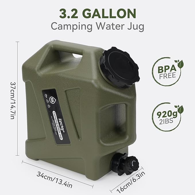 Zormy 3.2 Gallon Portable Water Storage Container with Spigot, BPA Free Large Emergency Water Storage for Vehicle, Car, Outdoor Hiking, Picnic