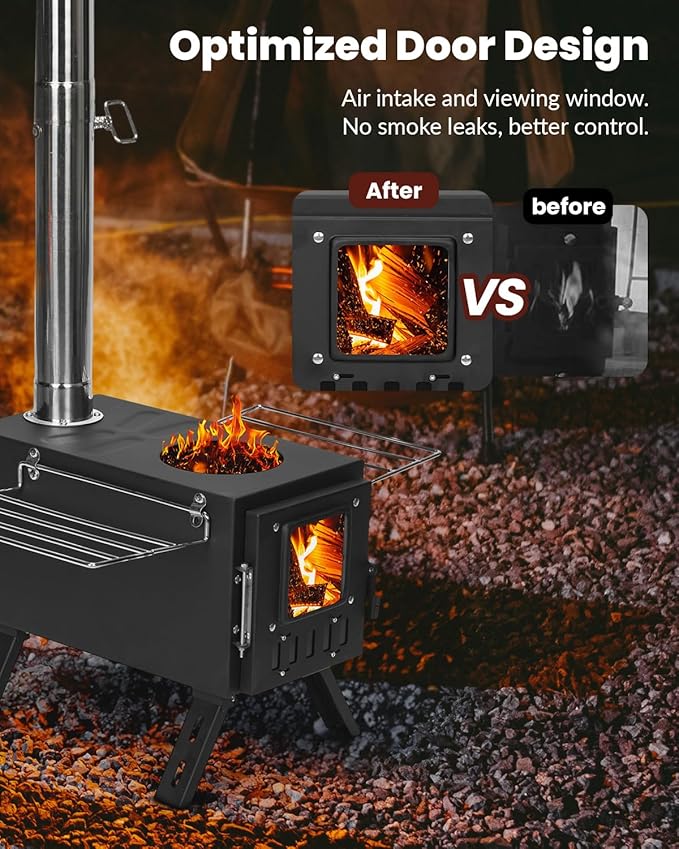 Upgraded Portable Wood Stove for Camping, Compact Tent Stove with Large Firebox, High Airtightness for Outdoor Cooking & Heating