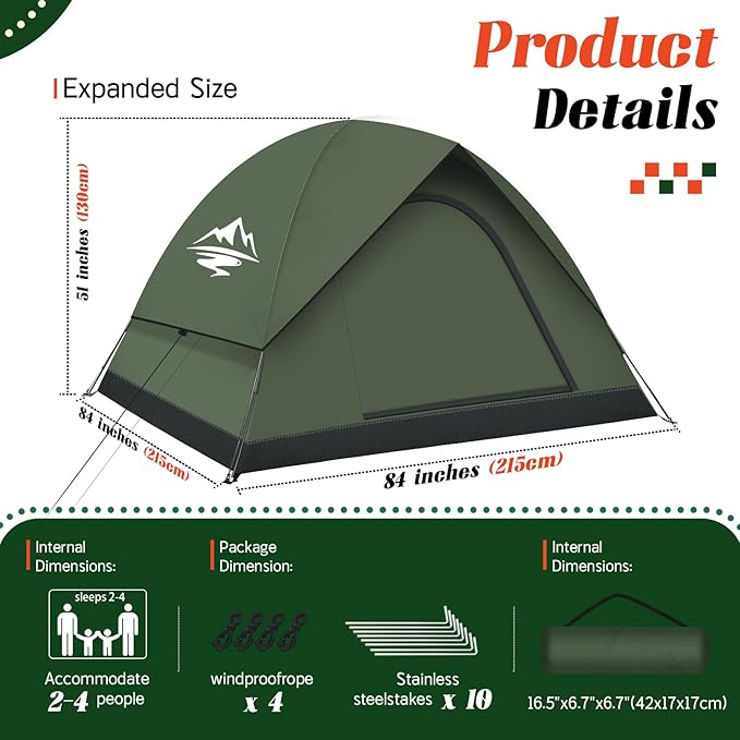 Tents for Camping 2/3/4 Person with Rainfly - Camping Tent Waterproof Windproof Easy Setup, Portable Double Layer Outdoor Dome Tent, Backpacking Tents for Adventure Backyard Hiking
