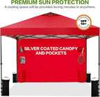 10'x10' Pop Up Canopy Tent with 1 Sidewall and 6 Pockets, One Push Setup, Instant Shade Tent with Vented Roof for Beach Patio Outdoor, Case, 8 Stakes, 4 Ropes, 4 Sandbags (Red, 10x10)