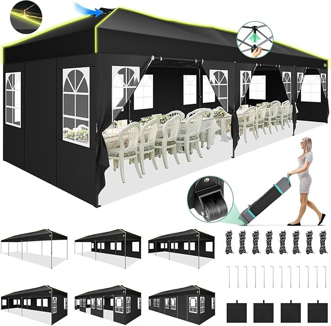 COBIZI 10x30 Pop Up Canopy Tent, Wedding Party Tent with 8 Sidewall One Push Setup Glow, 3 Adjustable Height Air Vent Waterproof UPF50+, Wheeled Bag, Sandbag, Stake, Rope for Commercial, Outdoor