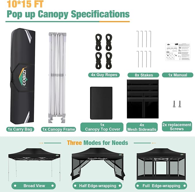 COBIZI 10x15 Canopy Tent, Heavy Duty Pop up Canopy with Sidewalls, Waterproof Easy Setup Canopy with Mosquito Netting, Outdoor Instant Screen Tents for Parties, Wedding, Backyard with Carry Bag, Black