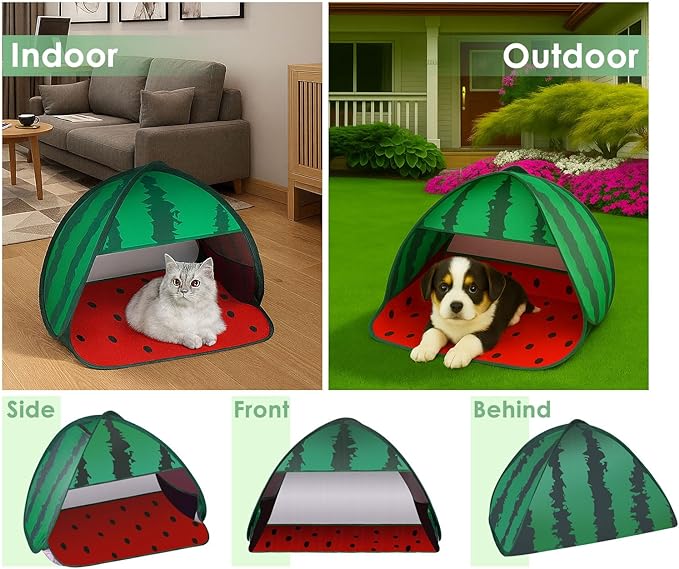 Mini Tent for Pets Small Dog Tent for Beach Portable Pop Up Sun Shade Shelter with Phone Compartment for Puppy and Large Cats Small Animals Sun Canopy for Camping and Outdoor (Watermelon)