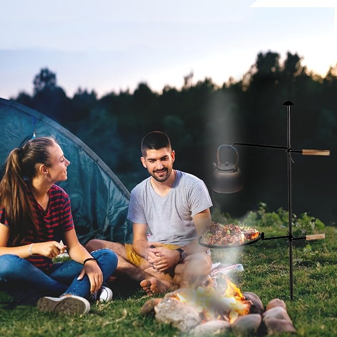 Swivel Campfire Grill Grate Heavy Duty Camping Grill 360° Adjustable Over Fire Pit Grill for Outdoor Barbecue Camping Garden Dinner - 48" Rustproof Long Stakes
