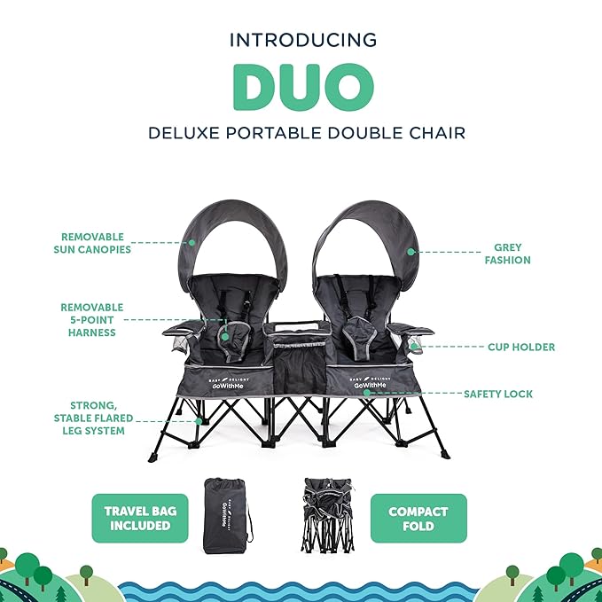 Baby Delight Go with Me Duo Deluxe Portable Chair | for Kids | Double Seat | Indoor and Outdoor | Grey