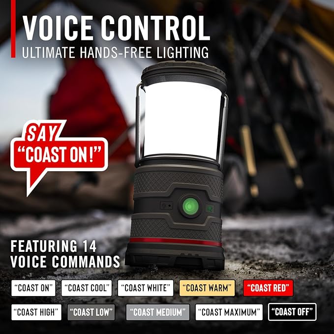COAST EAL35R 1000 Lumen Voice-Controlled LED Emergency & Camping Area Lantern with Warm, Cool White, Day, Red & Red Flashing Mode, Power Bank Functionality - Black