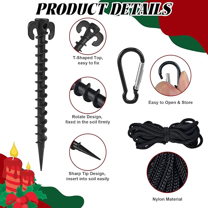 12 Sets Inflatable Stakes Replacement Set, 12 PCS 7.7" Inflatable Plastic Stakes with Tethers Ropes and Alloy Hooks, Christmas Heavy Duty Tent Stakes for Garden Yard Ground Halloween Outdoor Decor