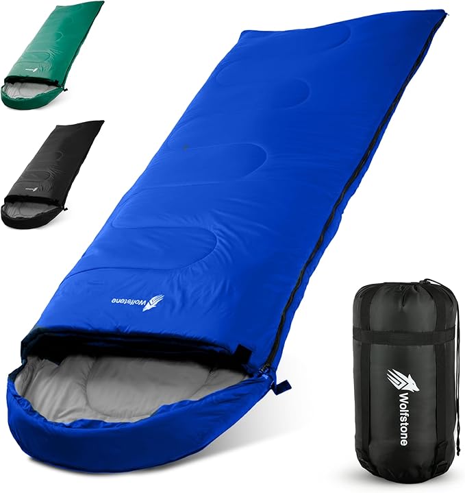 Wolfstone Sleeping Bags for Adults - 3 Season Sleeping Bags with Lightweight Compression Sack for Hiking & Camping - Anti-Snag Zipper, Tear-Resistant Shell & Breathable Lining in Black, Blue or Green