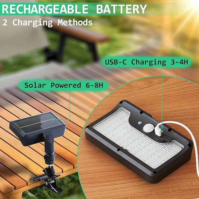 Solar Lights Outdoor, Clip On or Wall Mount, Motion Sensor Flood Light, 3 Settings, USB Charging and Solar Powered Fence Lights for Yard, Deck, Gutter, Camping, IP65 Waterproof, 2 Pack