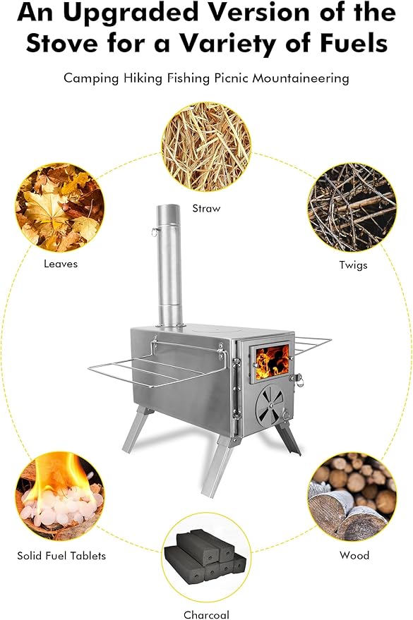 Camping Stove for Hot Tents, LAMA 304 Stainless Steel Wood Burning Stove with Stainless Wall Chimney Pipes for Tents, Shelter, Outdoor Portable Stove for Camping Heating and Cooking