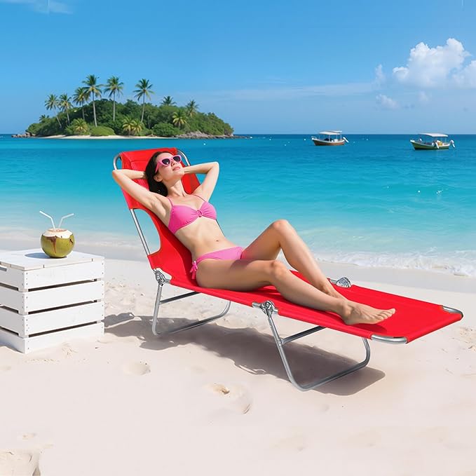 WLIVE Beach Lounge Chair for Adults, 4-Position Folding Tanning Chairs with Face Hole, 2 Legs Support Portable Outdoor Chair for Beach, Pool, Red