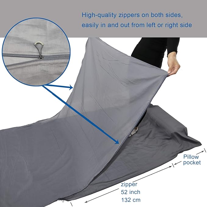 Browint Silk/Cotton Travel Sheet with Double Zippers, 87"x43" Extra Wide Sleep Sack for Hotels, Lightweight Sleeping Bag Liner for Camping, Traveler Rectangular with Pillow Pocket …