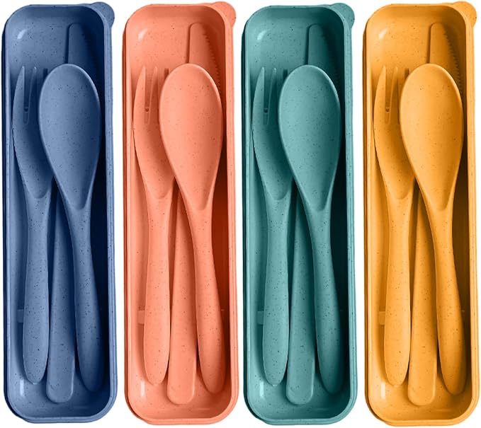 Travel Utensils with Case, 4 Sets Reusable Utensils Set with Case, Wheat Straw Utensils for Lunch Box Accessories, Camping Utensil Set for School Work Lunch or Daily Use