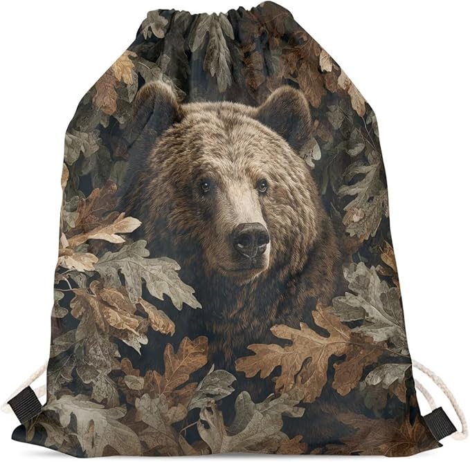 Upetstory Forest Bear Drawstring Backpack Camo String Trainer Bag Gym Cinch Sackpack Lightweight Beach Travel Storage Pouch for Outdoor Hiking Cycling Running Office Play Shopping
