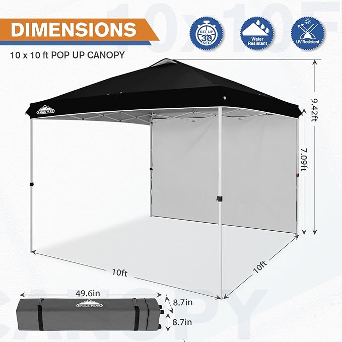 EAGLE PEAK Commercial Canopy 10x10 Pop Up Canopy Tent with 1 Sidewall, Easy Setup Heavy Duty Instant Event Shelter for Vendors & Markets, Outdoor Sun Shade, Black
