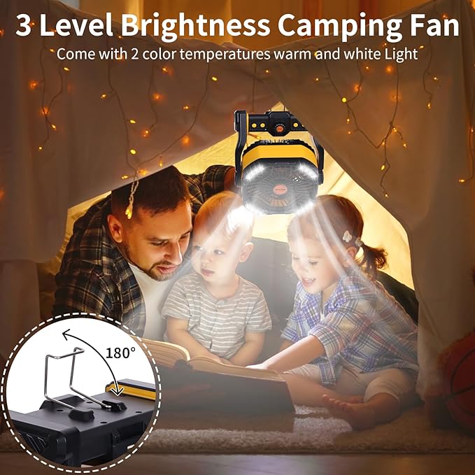 20000mAh Camping Fan with LED Lantern USB Tpye C Rechargeable Battery Operated Outdoor Tent Fan with Light & Hook, 270° Pivot 4 Speeds, Personal USB Desk Fan for Camping Yellow X26A