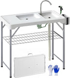 Outsunny Folding Fish Cleaning Table with Sinks, Portable Camping Sink Table with Faucet, Drainage Hose, Sprayer, Shelf, Drawer and Storage Basket, Outdoor Fillet Table for Picnic Beach Patio, White