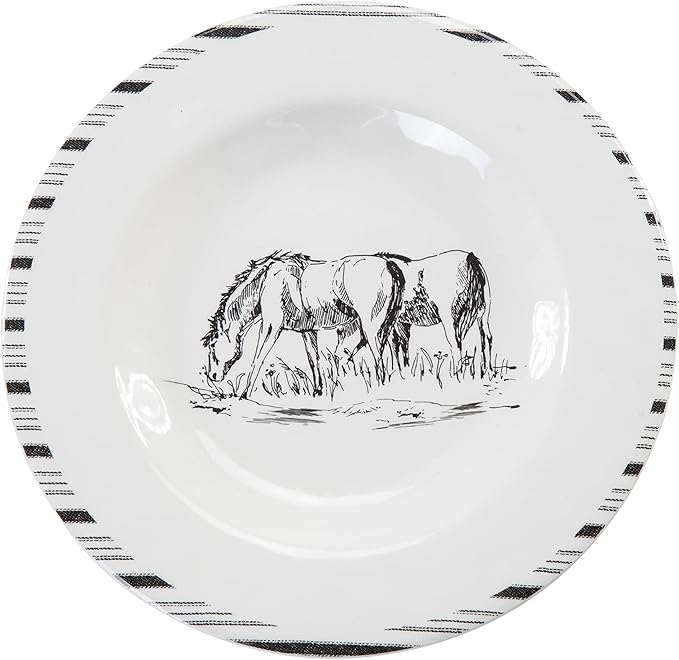 Paseo Road Ranch Life 14 Piece Melamine Plastic Dinnerware Set with Plates, Bowls and Serving Platter, Black and White, Southwestern Rustic Cabin Lodge Farmhouse Style
