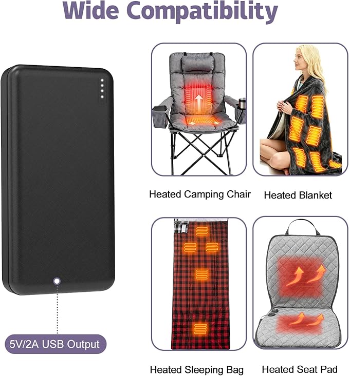 5V2A Battery Pack for Electric Heated Camping Chair, Heated Blanket, Hunting Seat Pad, Sleeping Bag USB Power Bank Camping Work Power (Black, Milliamp Hours, 2000)