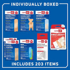 Care Science CarePak Variety Pack 203pc, Assorted | Includes Sheer, Waterproof, Plastic Bandages and a First Aid Kit. Breathable Protection for Use on Minor Cuts, Scrapes and Burns