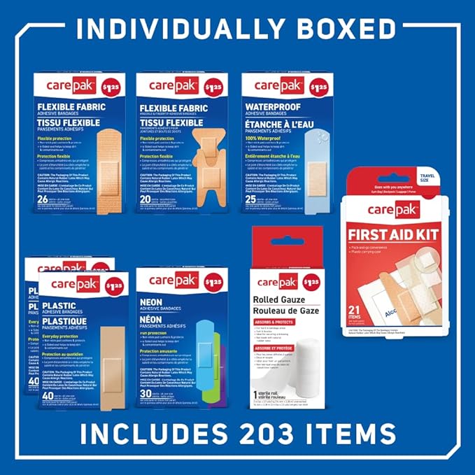 Care Science CarePak Variety Pack 203pc, Assorted | Includes Sheer, Waterproof, Plastic Bandages and a First Aid Kit. Breathable Protection for Use on Minor Cuts, Scrapes and Burns