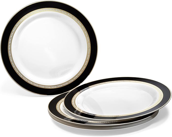OCCASIONS 50-Piece Plastic Plates Set for 25 Guests – Heavy Duty Disposable Dinner & Dessert Plates, BPA-Free,Fancy Party/Wedding Dinnerware, Ritz Black & Gold