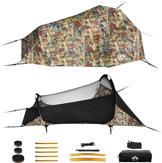 Night Cat Flat Lay Hammock Tent: Portable Lightweight Camping Hammock with Mosquito Net Waterproof Rainfly for 1 Person Outdoor Camping Camouflage