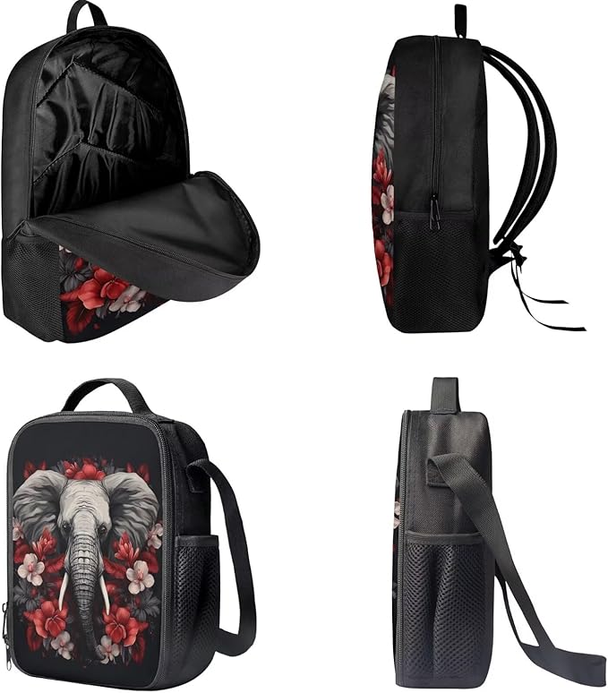 3 Pcs Elephant Red White Plumeria Flowers Print Travel Backpack for Women, Black Bookbag Waterproof School Bag Insulated Lunch Box Aesthetic Cosmetic Makeup Bag Stationery Pouch Bag